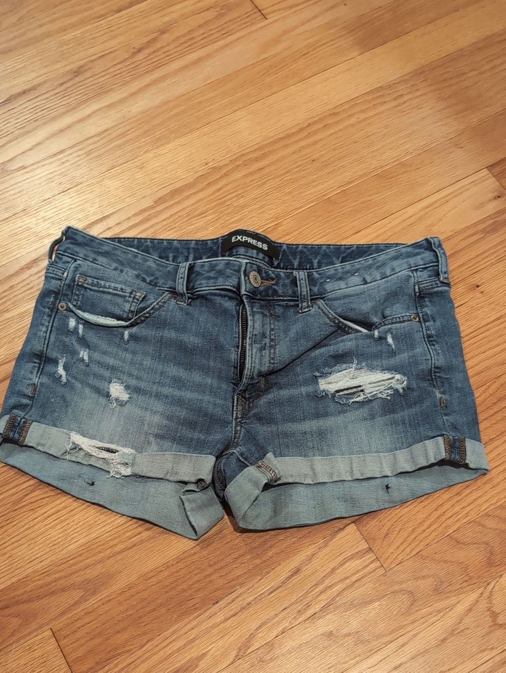 Express Women's Distressed Rolled Cuff Jean Shorts – Denim Blue